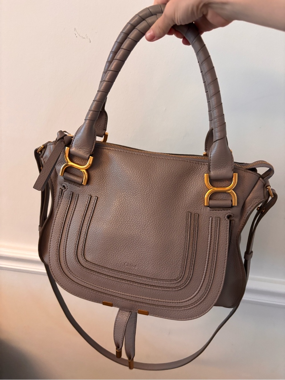 Chloe Marcie Cashmere Grey Medium Shoulder Bag with Gold Hardware